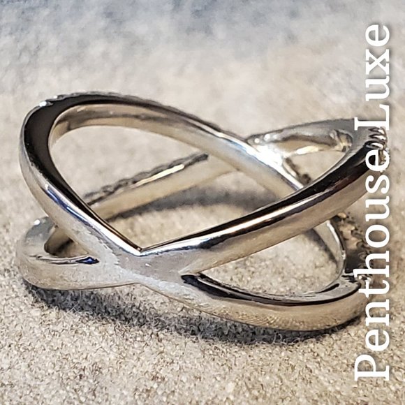 Criss Cross Cubic Zirconia Paved Silver Ring - Picture 2 of 6